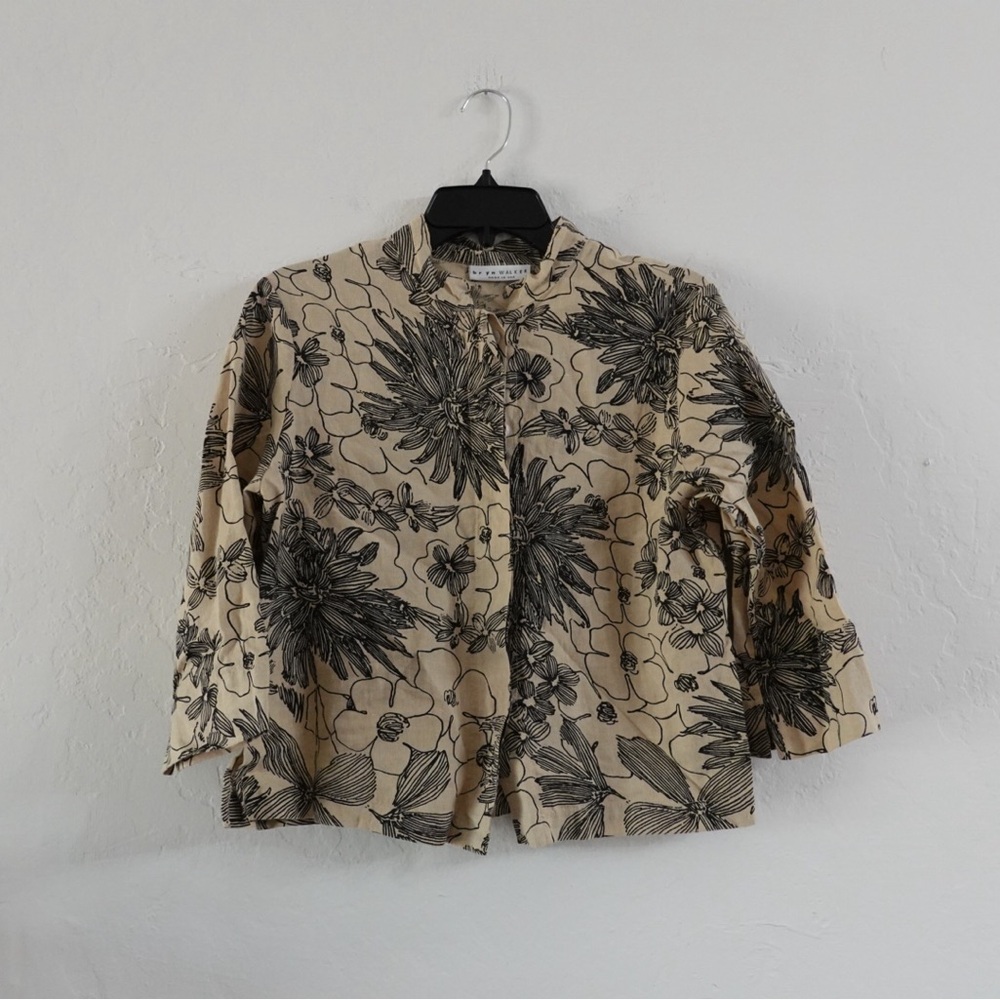 Bryn‎ Walker Floral Linen Button-Front Top – Size S, Beige/Black, Made in USA